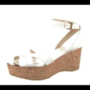 Jimmy Choo White patent leather cork wedge